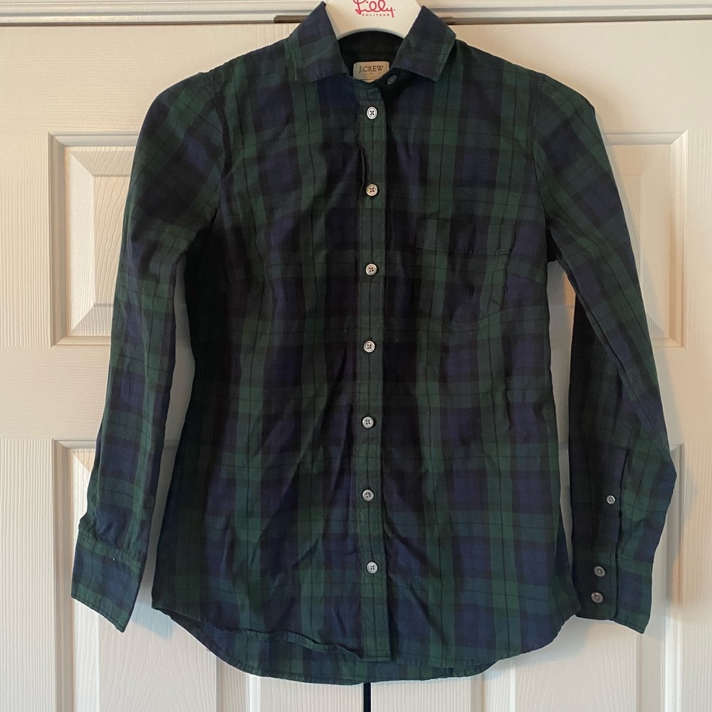 J. Crew Black Watch Plaid Printed Button Down, Xxs